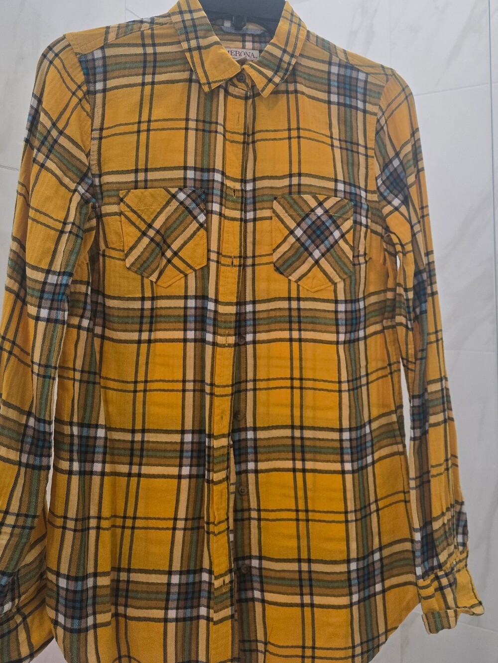 Merona Bright Yellow Plaid Button-Down Women's Collared Shirt, Long Sleeves, XS